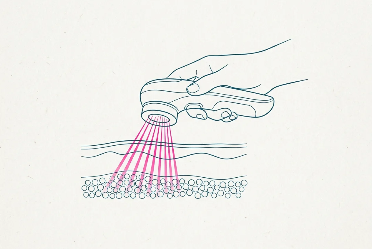 Illustrazione: la luce laser a bassa potenza attraversa la cute e raggiunge gli adipociti sottocutanei