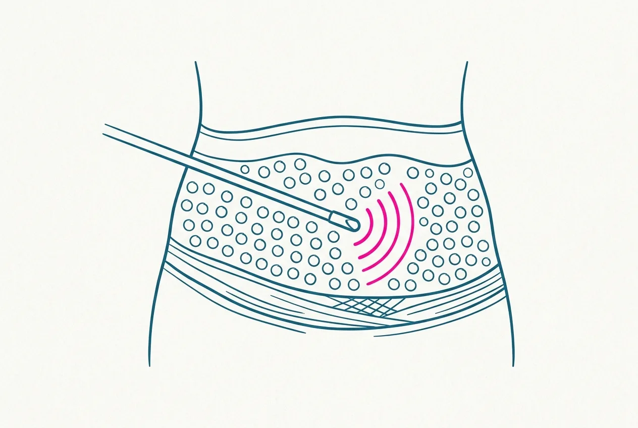 Illustrazione: la cannula nel tessuto sottocutaneo con le onde a ultrasuoni del VASER