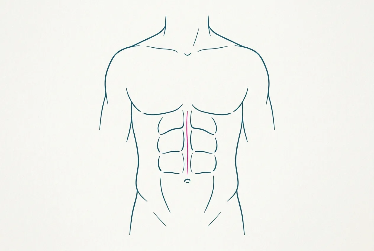 Illustrazione della diastasi dei retti nell'uomo: i due muscoli separati lungo la linea alba