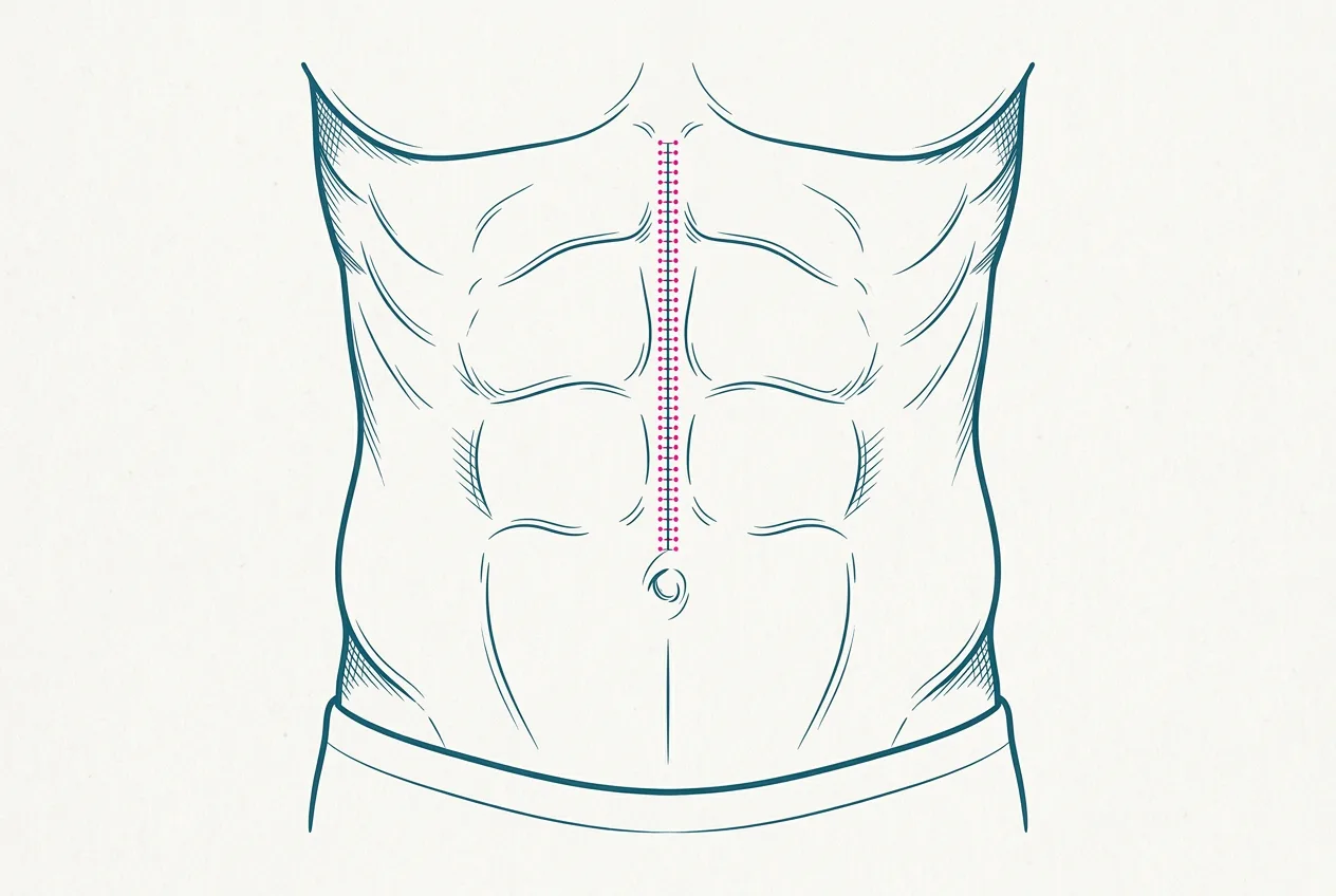 Illustrazione della plicatura: i muscoli retti riavvicinati sulla linea mediana con accessi mininvasivi