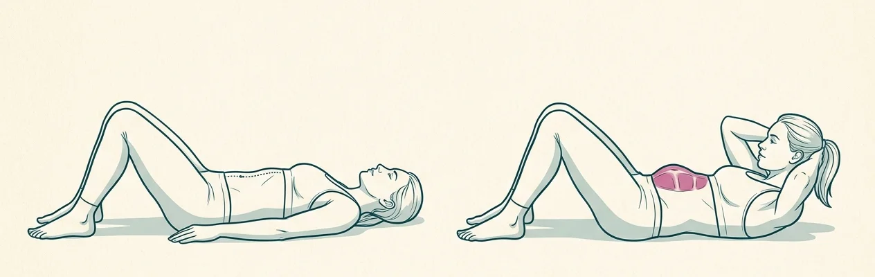 Illustrazione della diastasi addominale: donna sdraiata con le ginocchia piegate, addome piatto a riposo a sinistra e cresta mediana che sporge sollevando la testa a destra
