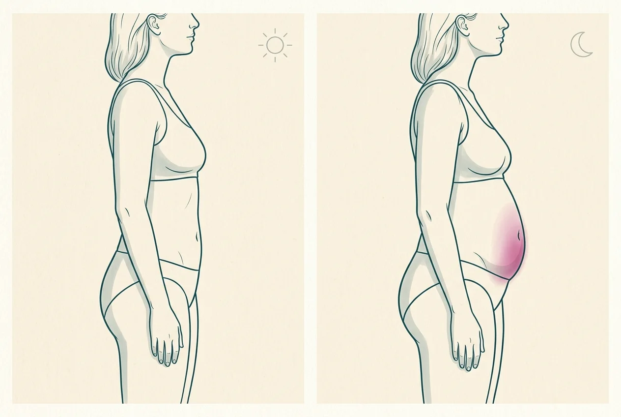 Illustrazione di profilo della stessa donna al mattino, con addome piatto, e alla sera, con la parte bassa dell'addome che sporge in avanti