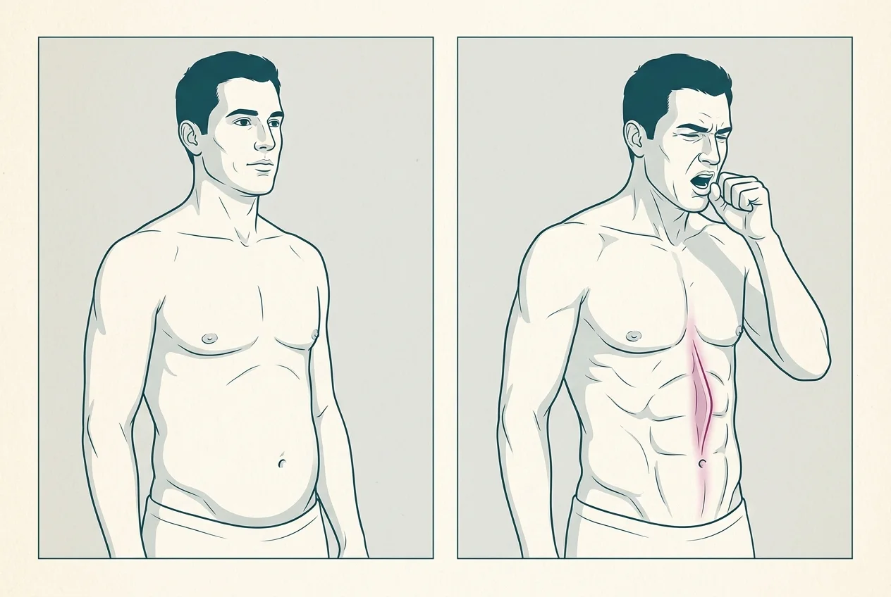 Illustrazione della diastasi nell'uomo: a sinistra in piedi a riposo con addome arrotondato, a destra tossendo con una cresta verticale che sporge dallo sterno all'ombelico